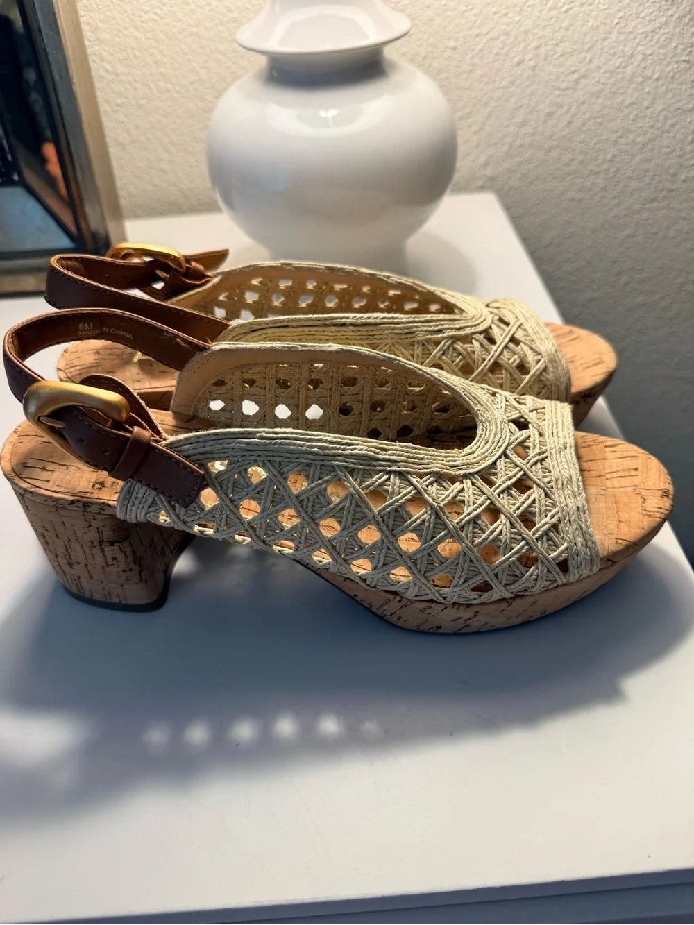 AEROSOLES Cornelia Raffia Natural Woven Platform Sandals with Tan Strap